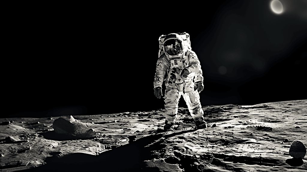 Identify this 'giant leap' for mankind: an astronaut descends a ladder onto a dusty, alien landscape.